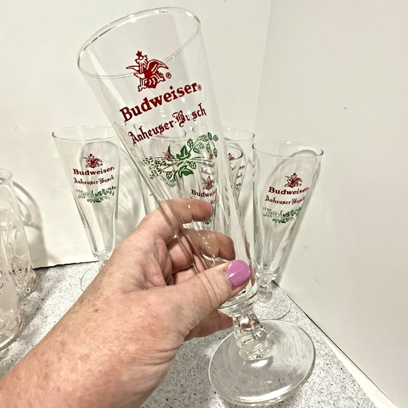 Vintage Budweiser Pilsner Glasses (6) Anheuser Busch Christmas Holiday Beer Bar - Picture 5 of 8
